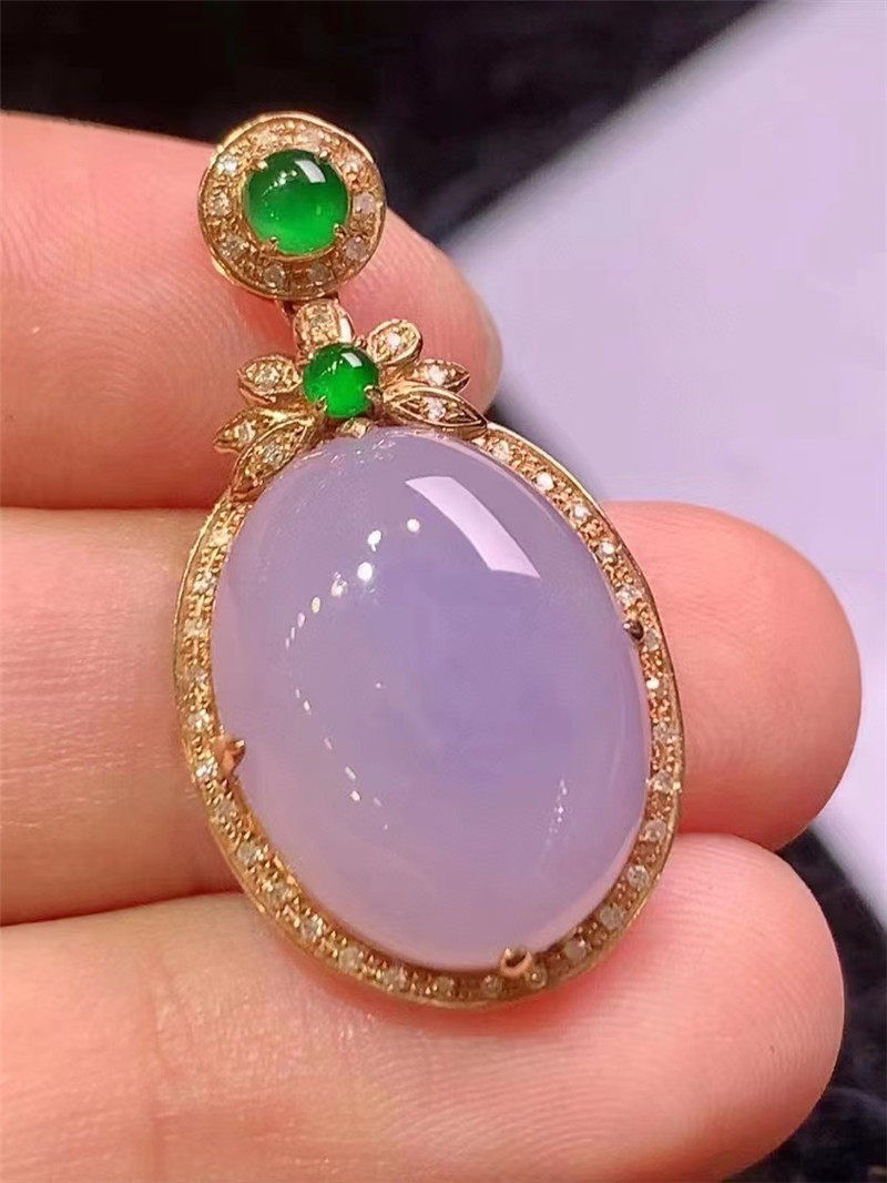 冰种紫罗兰蛋面翡翠挂坠缅甸天然a货玉器18k金镶嵌吊坠鸽子蛋女款