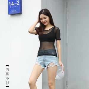 春夏巨辣黑色网纱上衣性感透视内搭小衫2026新款修身上衣短袖T恤