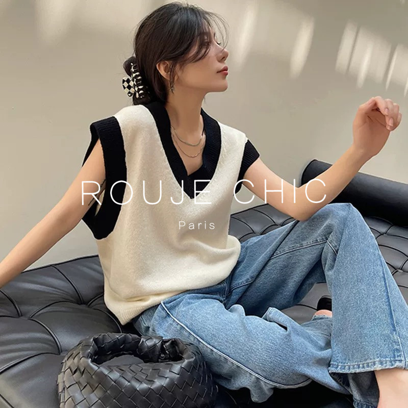 ROUJE CHIC法式复古撞色V领针织背心女夏季慵懒叠穿百搭无袖马甲