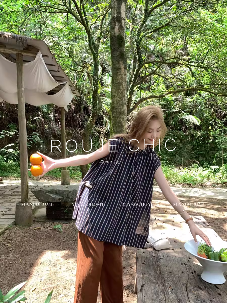 ROUJE CHIC法式苎麻条纹衬衫女夏季慵懒风直筒中长款开叉无袖上衣