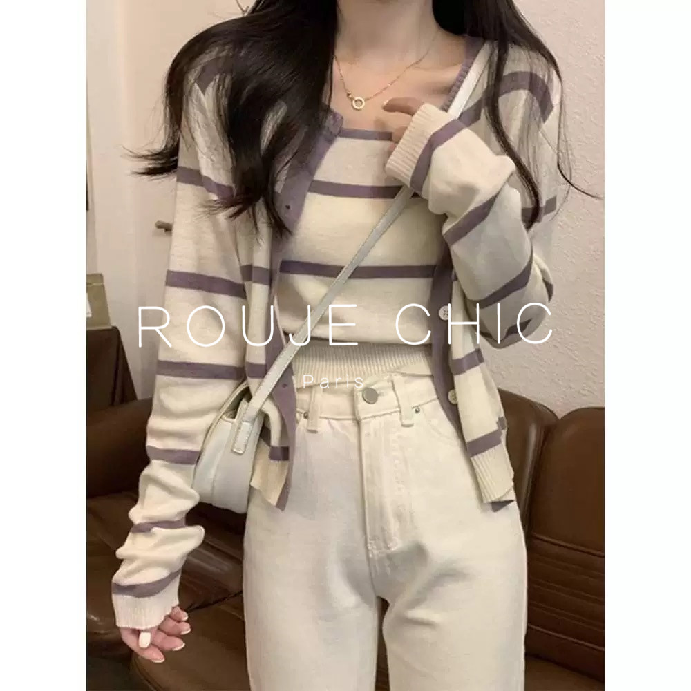 ROUJE CHIC法式条纹长袖针织开衫套装女秋毛衣外套吊带背心两件套
