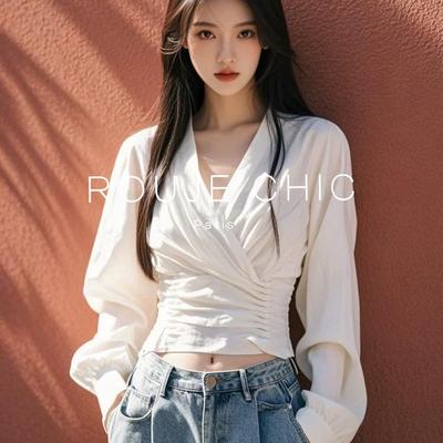 法国交叉V领掐腰长袖衬衫女早春