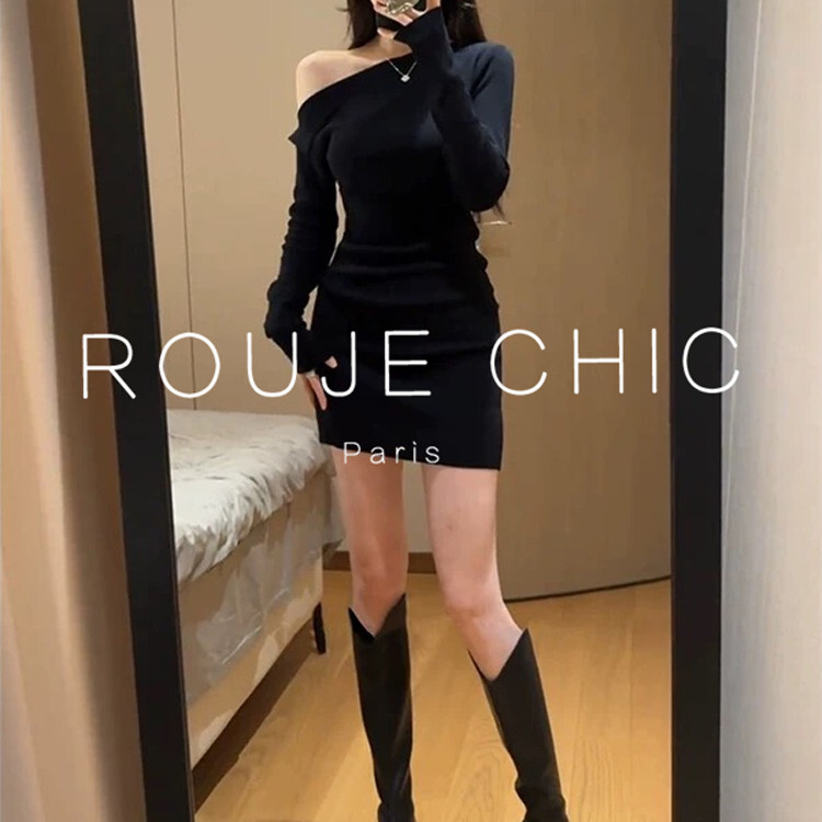 ROUJE CHIC法式高级感斜肩连衣裙女春掐腰修身黑色针织内搭打底裙,女装/女士精品,大码内搭,淘宝优惠券,粉丝福利购,淘宝优惠卷