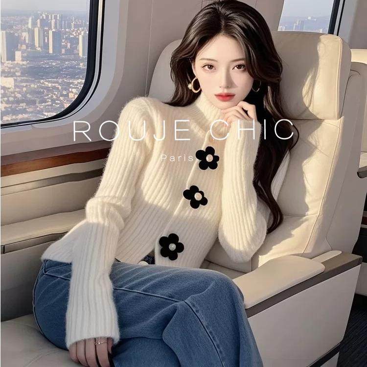 ROUJE CHIC法式慵懒风白色花朵高领毛衣女秋冬季高级感针织衫上衣,女装/女士精品,大码内搭,淘宝优惠券,粉丝福利购,淘宝优惠卷