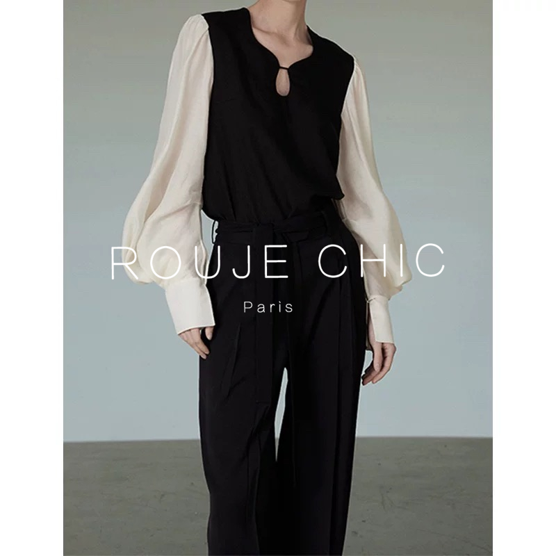 法国复古黑白撞色灯笼袖衬衫女