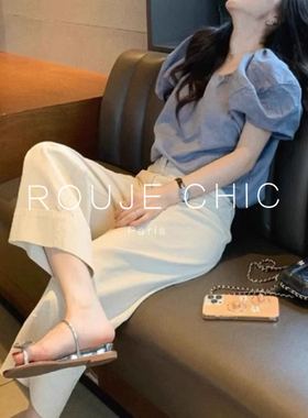 ROUJE CHIC法式蓝色方领短袖薄款衬衫女夏温柔气质泡泡袖衬衣上衣