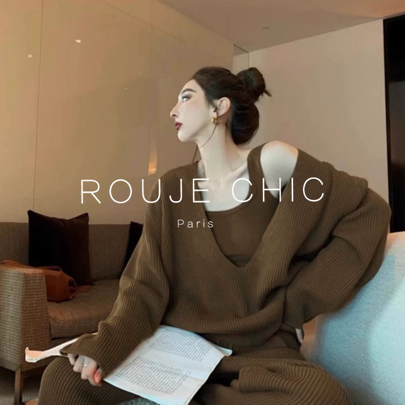 ROUJE CHIC法式休闲慵懒风针织套装女秋冬季V领毛衣阔腿裤三件套