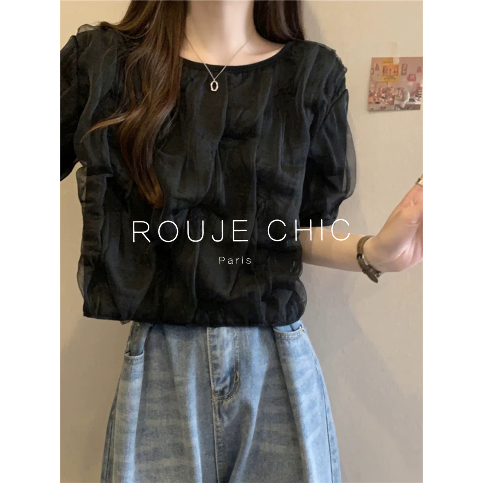 ROUJE CHIC法式网纱设计感泡泡袖雪纺衬衫女夏季别致短袖小衫上衣