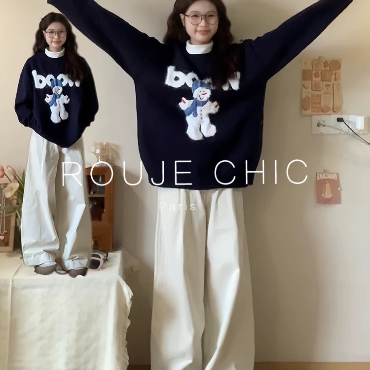 法国藏青色小雪人慵懒风针织衫女