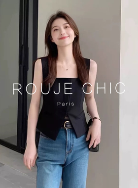 ROUJE CHIC法式黑色方领无袖马甲女夏季小众开叉西装吊带背心上衣