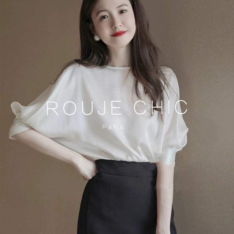 ROUJE CHIC法式泡泡袖白色T恤女夏季设计感冰丝短袖圆领雪纺上衣