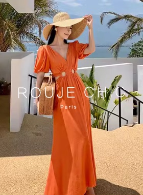 ROUJE CHIC法式橙色V领法式泡泡袖连衣裙女镂空露腰海边度假长裙