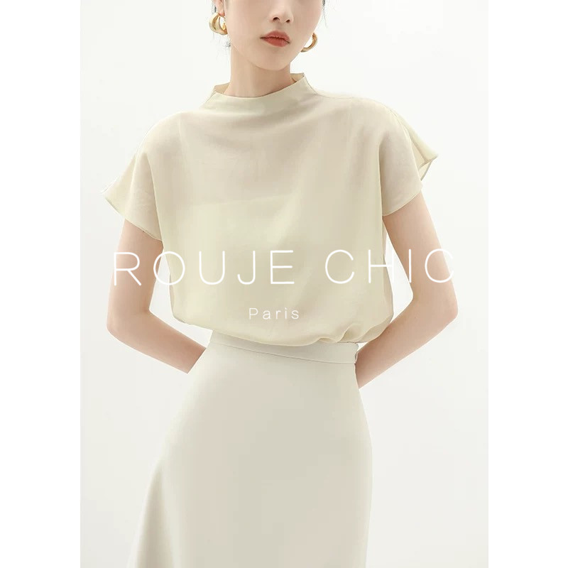 ROUJE CHIC法式气质优雅冰丝薄款短袖上衣女夏季纯色半高领雪纺衫