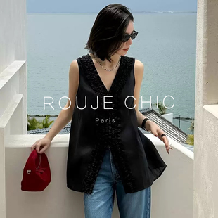 背心襯衫 ROUJE CHIC法式 高級感木耳邊v領無袖 女夏寬松設計感上衣