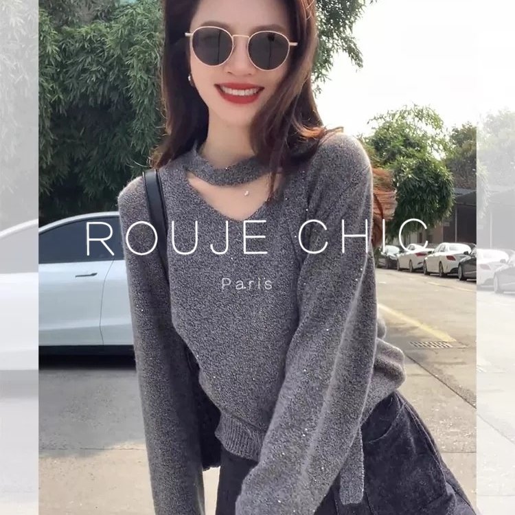 法国灰色V领挂脖长袖针织衫女冬