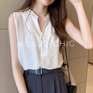 女夏工字型背心V领上衣 ROUJE CHIC法式 气质白色无袖 背心雪纺衬衫