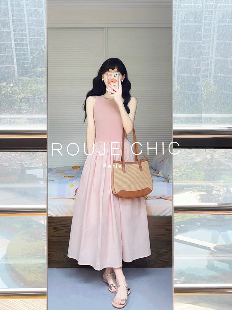 ROUJE CHIC法式通勤减龄修身背心裙夏简约无袖拼接A字长款连衣裙