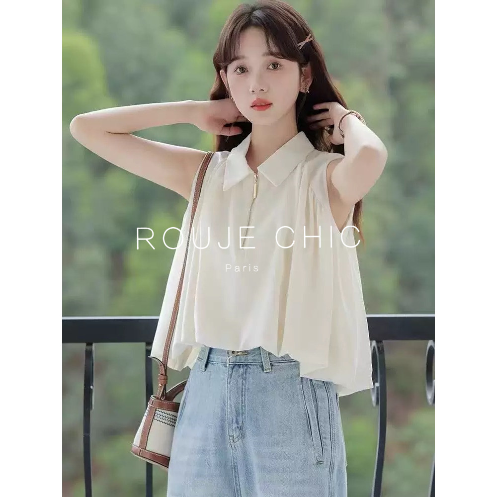 ROUJE CHIC法式小清新无袖雪纺衬衫女夏季设计感宽松短款背心上衣