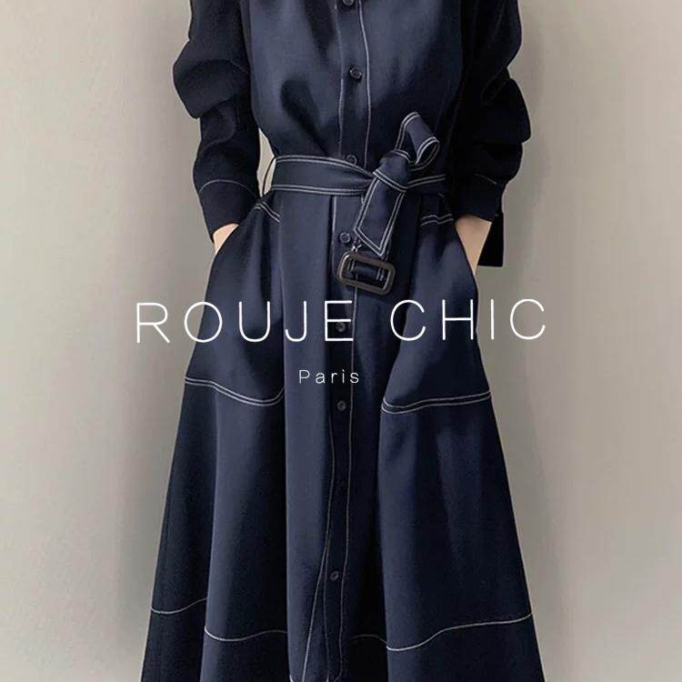 ROUJE CHIC法式优雅立领明线单排扣宽松绑带风衣式连衣裙长裙女春