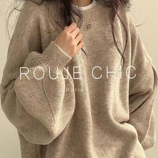 ROUJE CHIC法式气质圆领套头灯笼袖宽松毛衣女春季侧开叉针织上衣