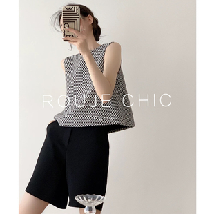 ROUJE CHIC法式黑白格子无袖宽松短款上衣女夏高级感针织背心外穿