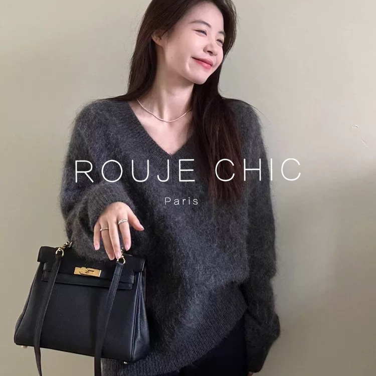 法国灰色V领马海毛毛衣女秋冬季