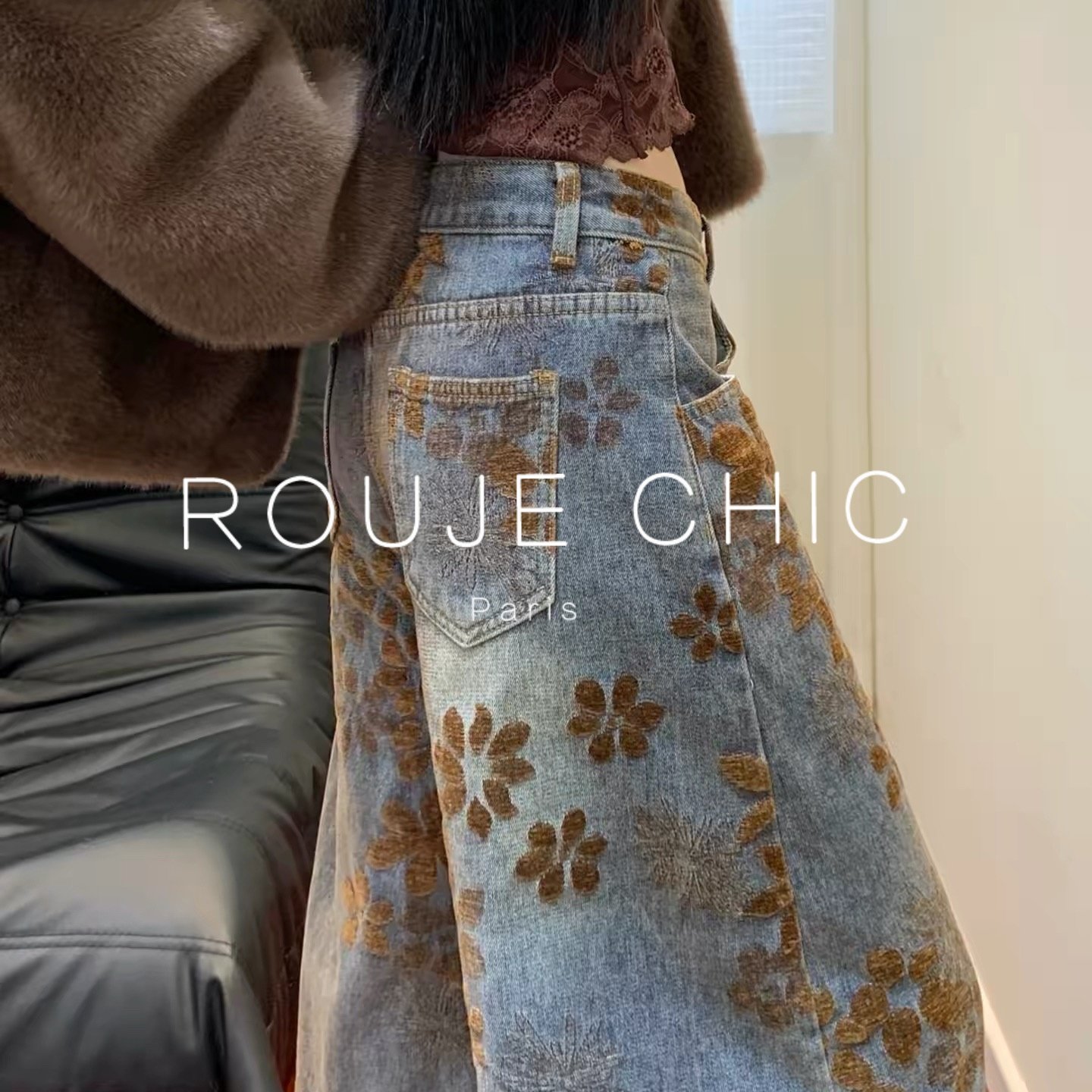 ROUJE CHIC法式复古提花阔腿牛仔裤女秋冬加绒宽松垂感显瘦弯刀裤,女装/女士精品,大码内搭,淘宝优惠券,粉丝福利购,淘宝优惠卷