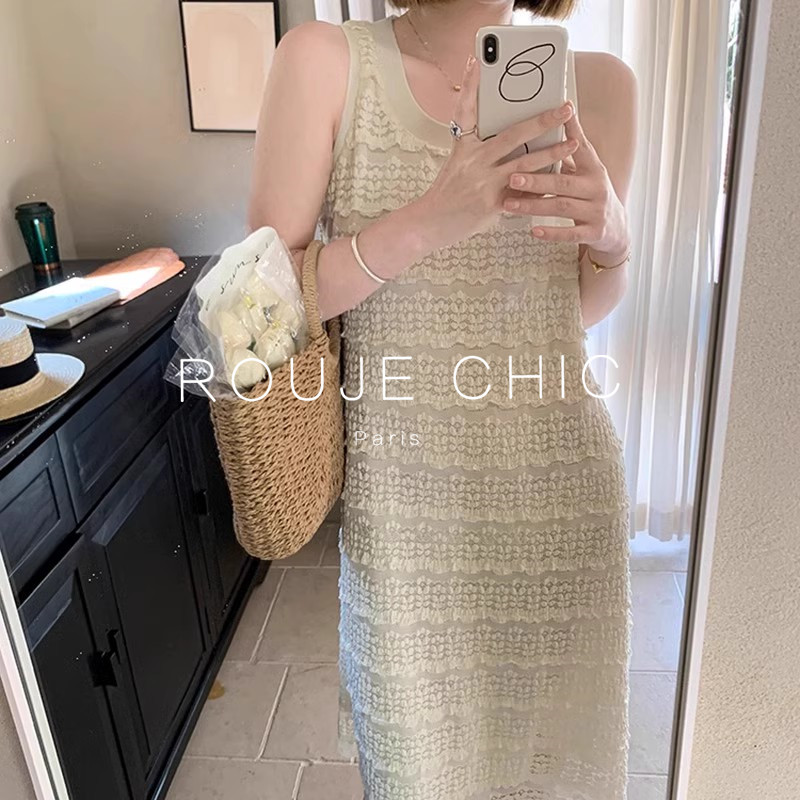 ROUJE CHIC法式高级感压褶蕾丝背心裙女夏简约无袖长款直筒连衣裙