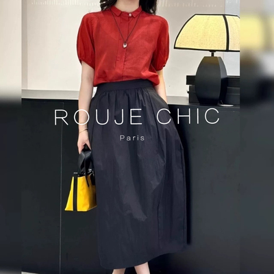 法国红色宽松减龄时尚短袖衬衫女