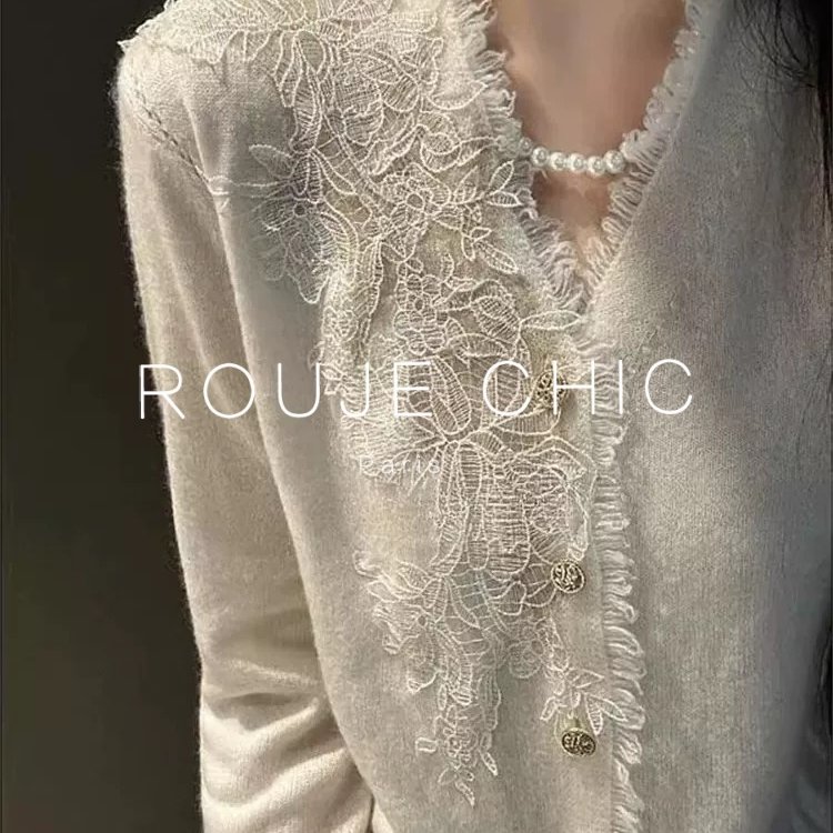 ROUJE CHIC法式蕾丝钩花白色流苏V领针织衫女秋冬季宽松毛衣上衣,女装/女士精品,大码内搭,淘宝优惠券,粉丝福利购,淘宝优惠卷