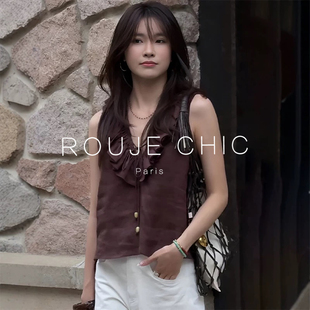 女夏季 ROUJE 背心衬衫 CHIC法式 宽松显瘦上衣 高级感荷叶边v领无袖