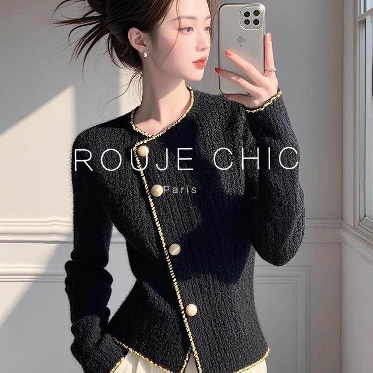 ROUJE CHIC法式高级感黑色斜排纽扣毛衣女秋冬季慵懒风气质针织衫