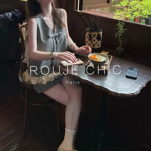 ROUJE CHIC法式名媛风绝美蝴蝶结V领无袖西装马甲短裙两件套女夏