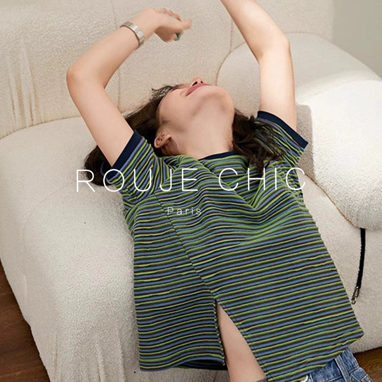 ROUJE CHIC法式复古绿色条纹短袖t恤女夏季不规则开叉短款上衣薄