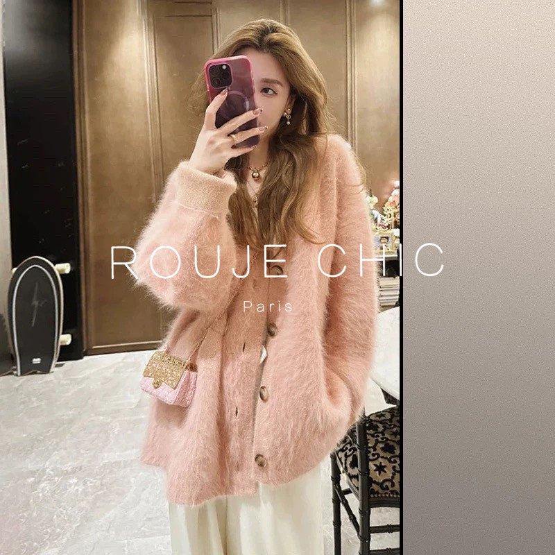 ROUJE CHIC法式温柔风粉色水貂绒毛衣女秋冬宽松加厚减龄针织开衫,女装/女士精品,大码内搭,淘宝优惠券,粉丝福利购,淘宝优惠卷