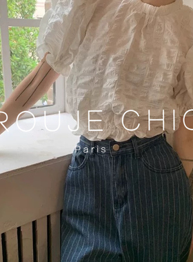 ROUJE CHIC法式白色褶皱肌理感泡泡袖衬衫女夏设计感短袖T恤上衣