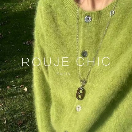 ROUJE CHIC法式软糯绿色水貂绒圆领针织开衫女秋冬慵懒风宽松毛衣
