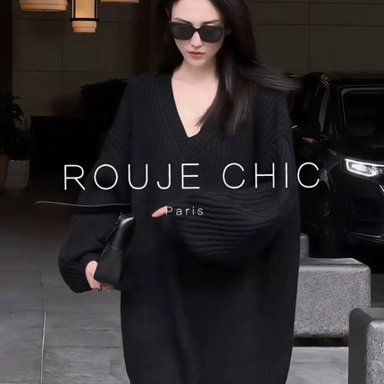 ROUJE CHIC法式黑色V领独特中长款针织衫女秋冬简约高级毛衣上衣