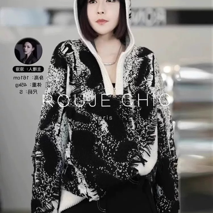 法国扎染泼墨连帽针织衫女冬轻奢