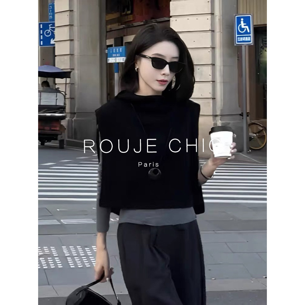 ROUJE CHIC法式黑色针织马甲女秋冬季高级感无袖坎肩连帽毛衣背心