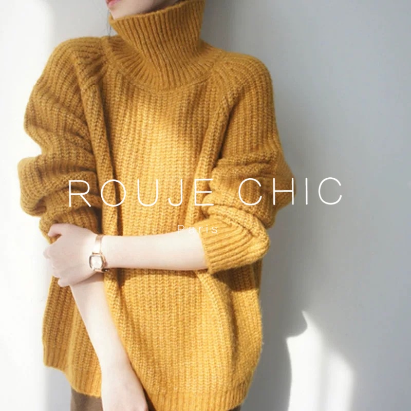 法国高领套头坑条厚毛衣女秋冬季