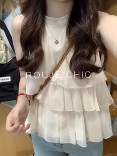 上衣女高级感显瘦富家千金挂脖吊带背心 荷叶边无袖 ROUJE CHIC法式