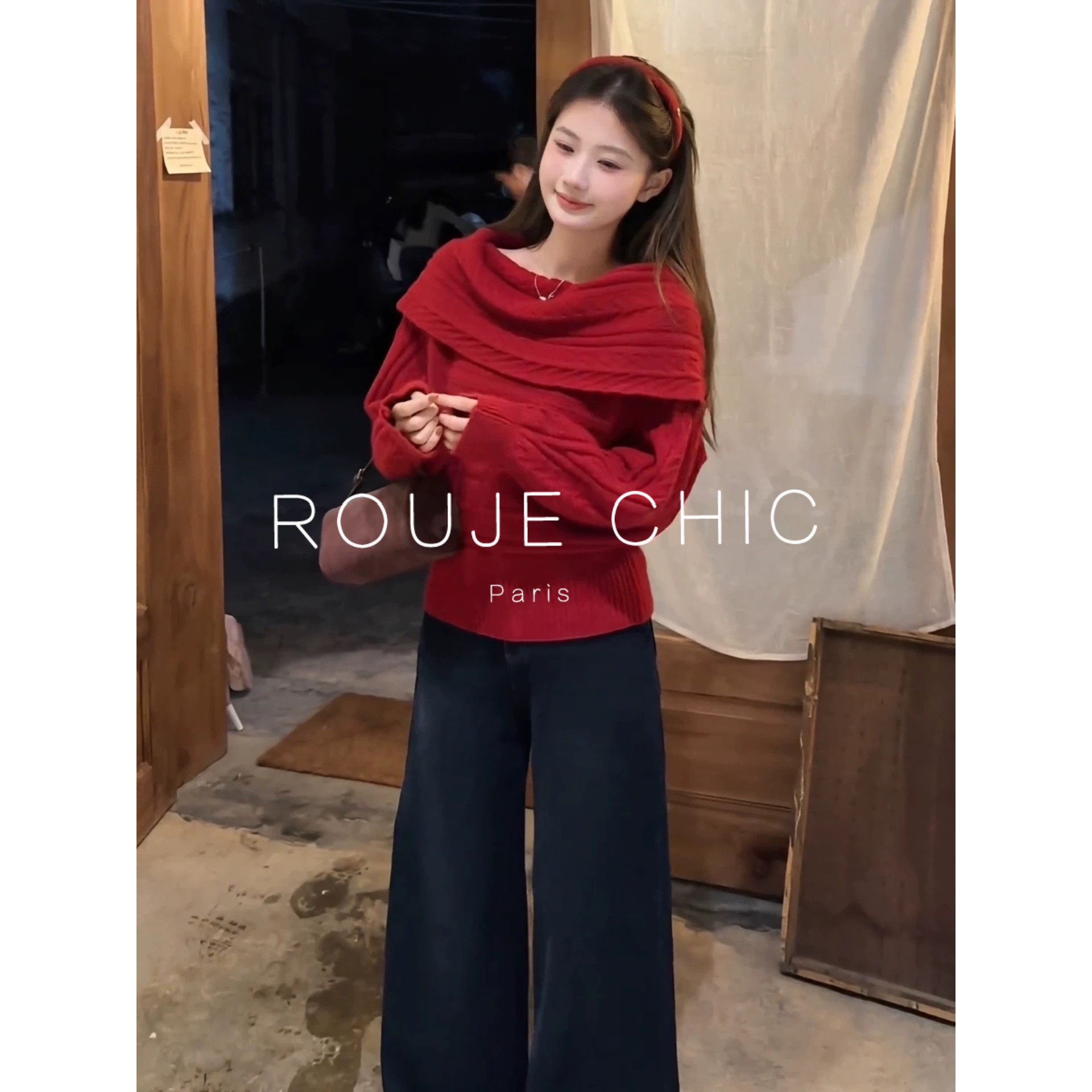 ROUJE CHIC法式新年红色一字领针织衫女秋冬季温柔风显瘦露肩毛衣,女装/女士精品,大码内搭,淘宝优惠券,粉丝福利购,淘宝优惠卷