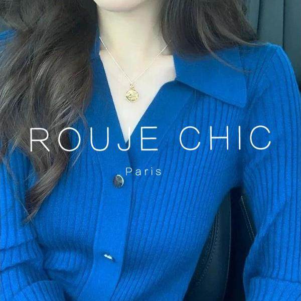 ROUJE CHIC法式克莱因蓝翻领针织开衫女早春修身内搭打底毛衣上衣,女装/女士精品,大码内搭,淘宝优惠券,粉丝福利购,淘宝优惠卷