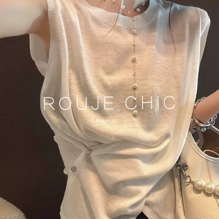 ROUJE CHIC法式不规则百搭无袖背心上衣女夏季轻熟风针织冰丝小衫