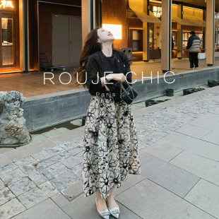 ROUJE CHIC法式复古新中式盘扣提花衬衫上衣女春碎花半身裙子套装