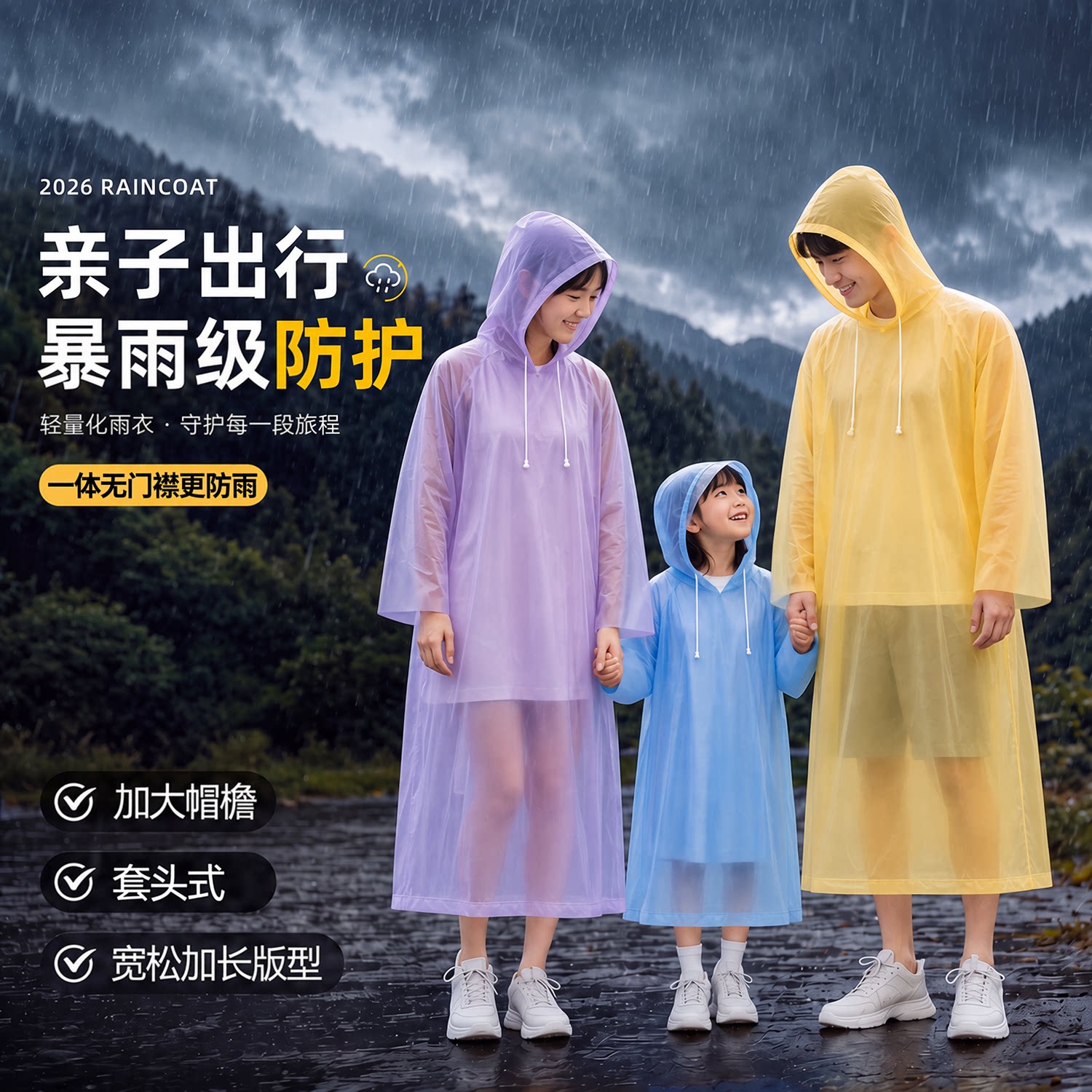 亲子款便携长款防暴雨一次性雨衣图片