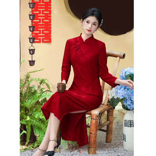 红色加绒旗袍长袖蕾丝连衣裙外嫁女回娘家演出服160斤胖子特大码