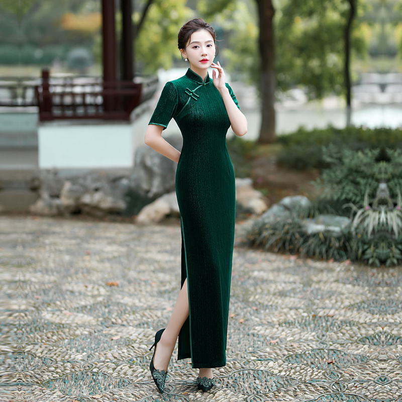 优雅表演旗袍纯色女装显瘦弹力