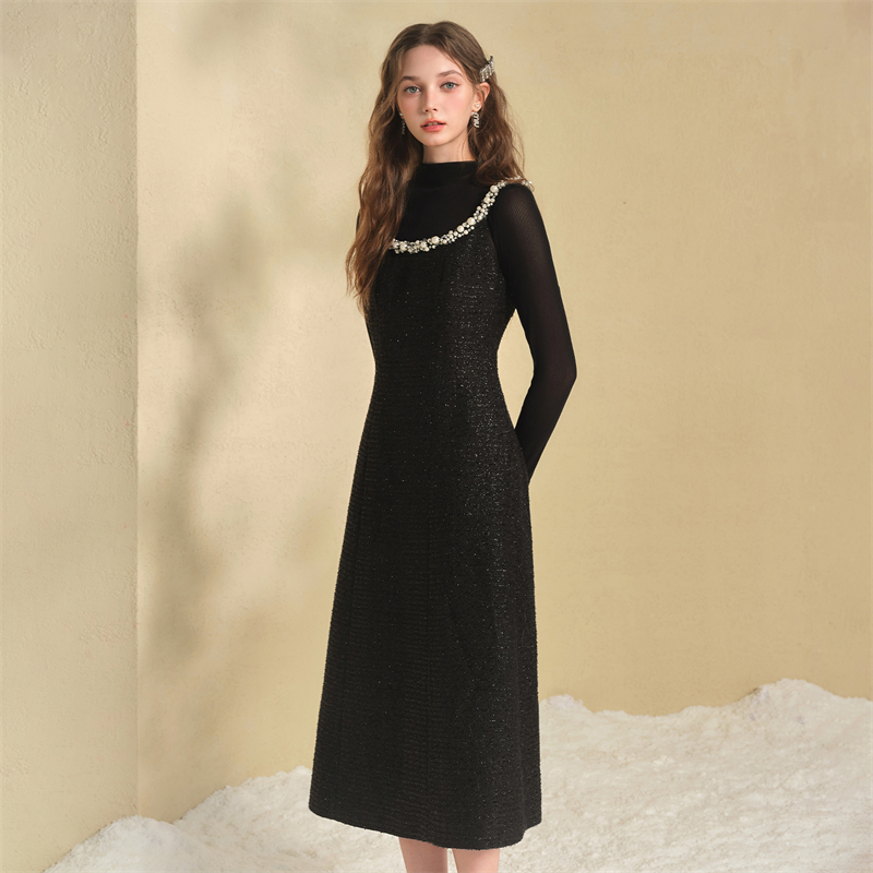 钉珠亮丝小香风连衣裙背心裙